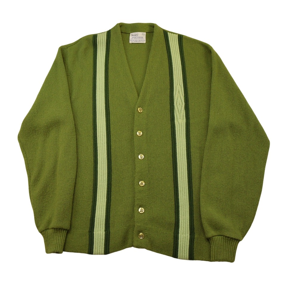 Sears Mens L Cardigan Sweater Green Vintage Orlon Acrylic Striped Button Up